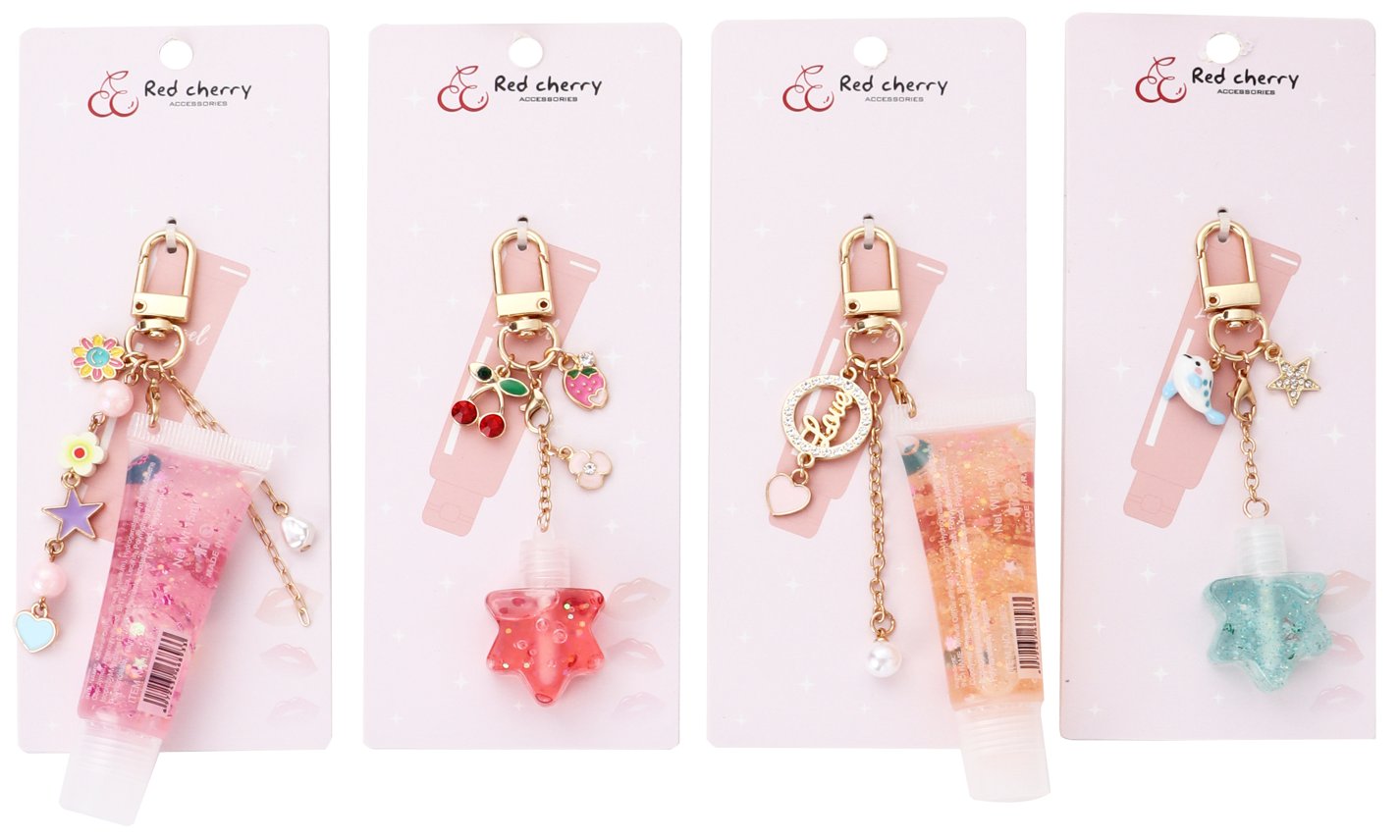 Red Cherry branded bag charms with beauty product attachments